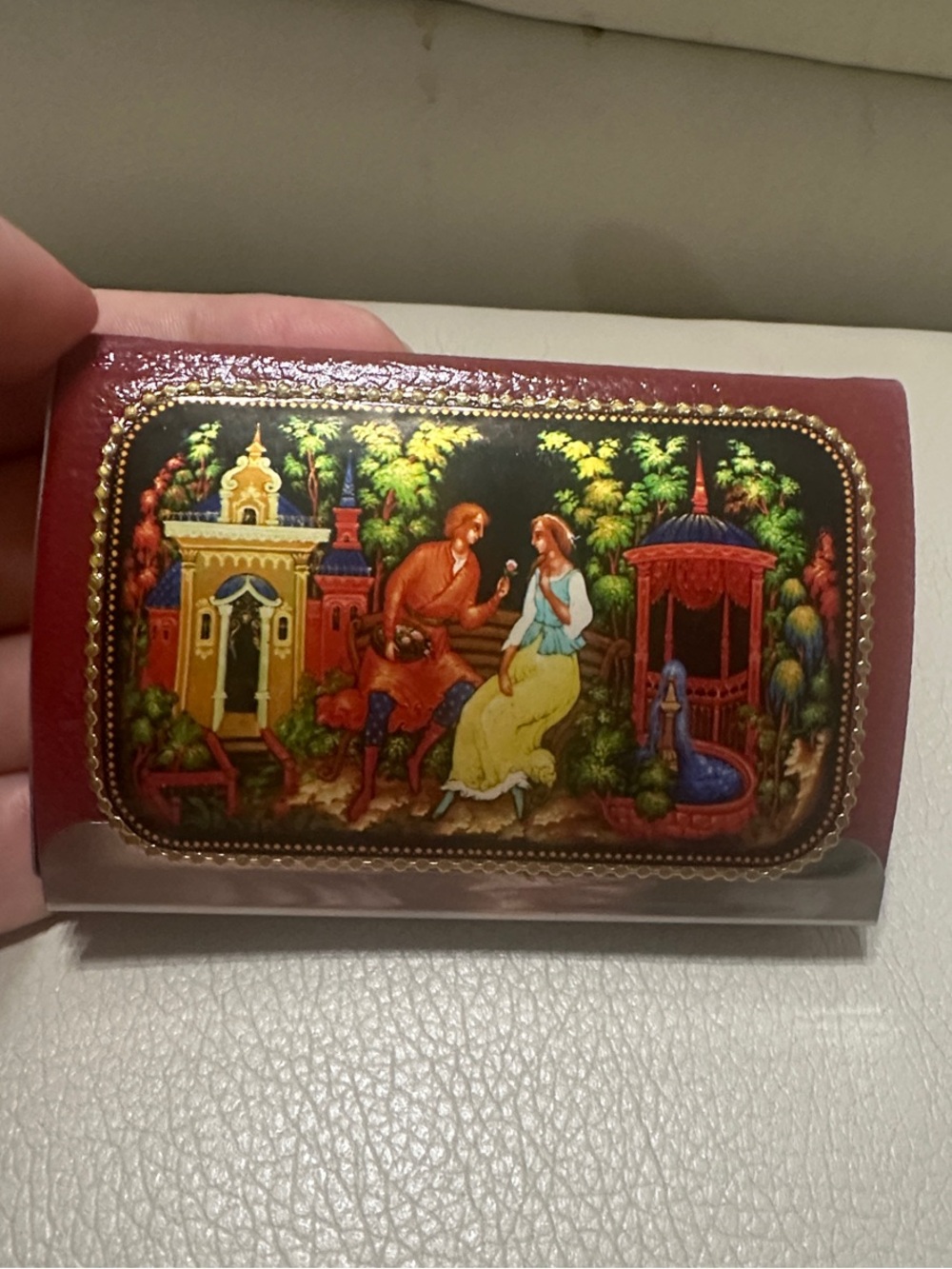 Russian Decorated card holder in Burgundy with Multi-Color, magnetic closure